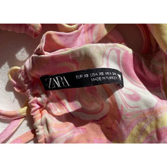 Zara Satin Marbled Keyhole Crop Top XS Pink Yellow Watercolor Tie Back Halter - Picture 5 of 5